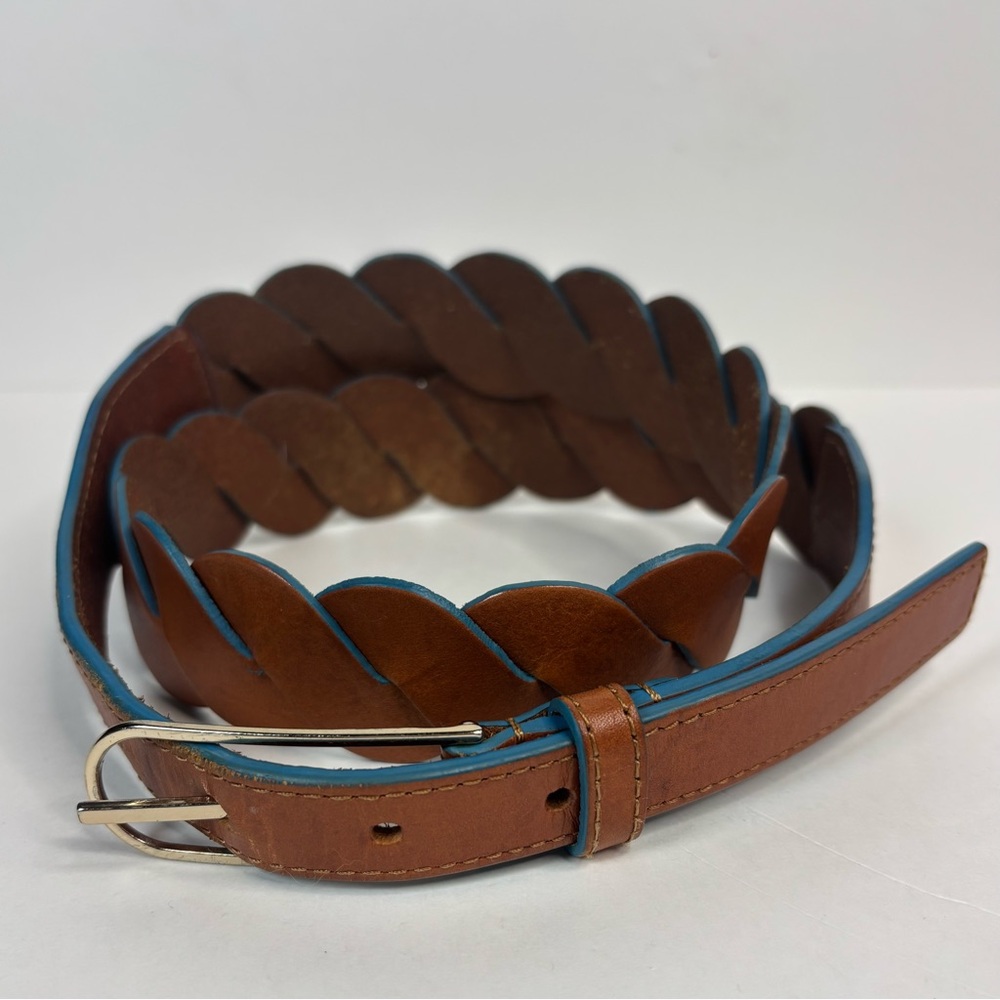 Linea Pelle Chestnut Brown Teal Blue Boho Braided Leather Belt Curved Buckle M/L - Picture 3 of 11